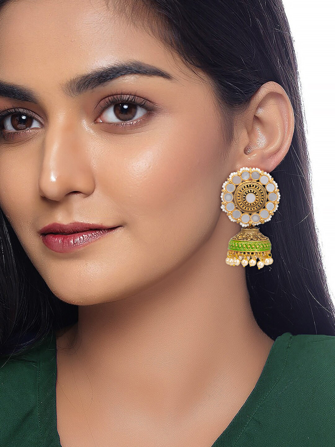 Floral Green Mirror & Beads Jhumka Earrings
