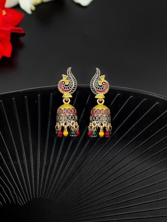 Gold Plated Peacock Multi Color Artificial Beaded Jhumki Earrings
