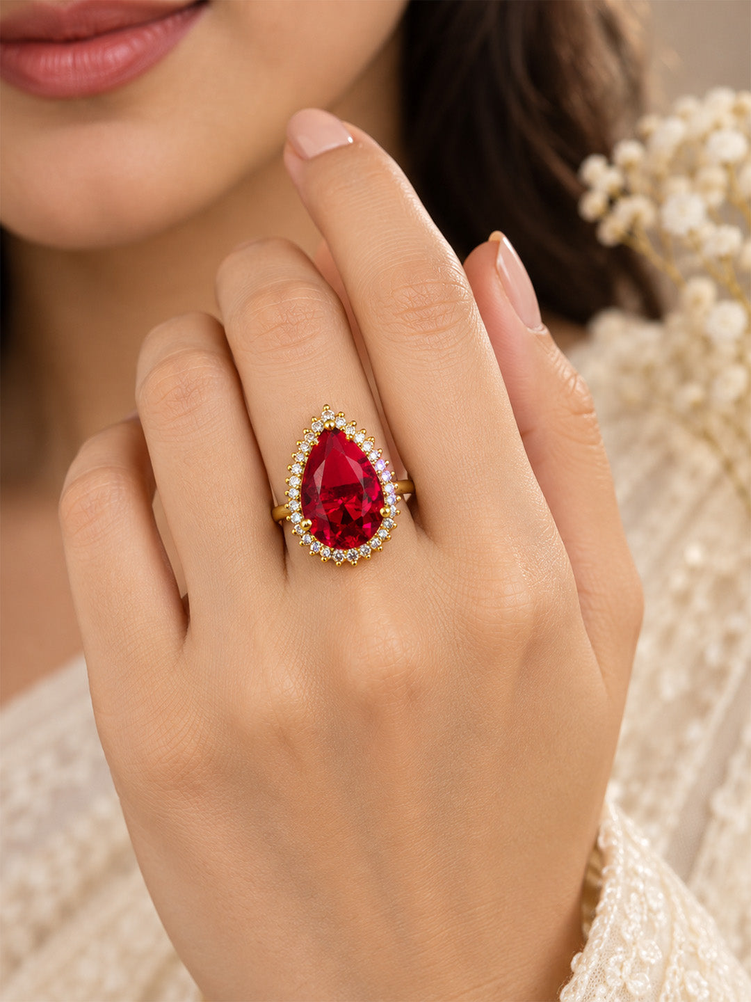 South Indian Gold Plated Red AD Finger Ring for Women