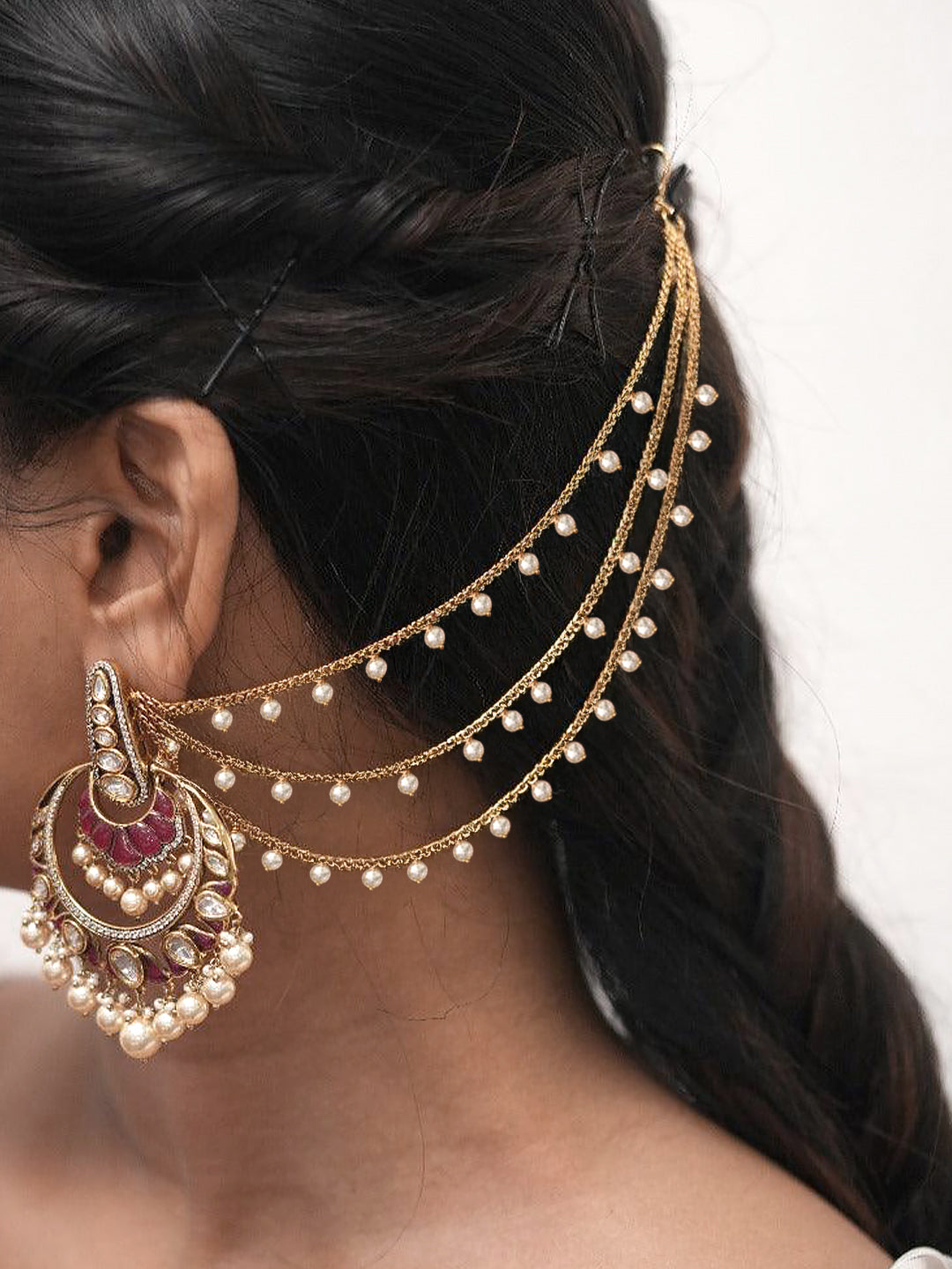 PRIVIU Gold-Plated 3-Layered Beads & Jhumki Spherical Shaped Drop Ear Cuff