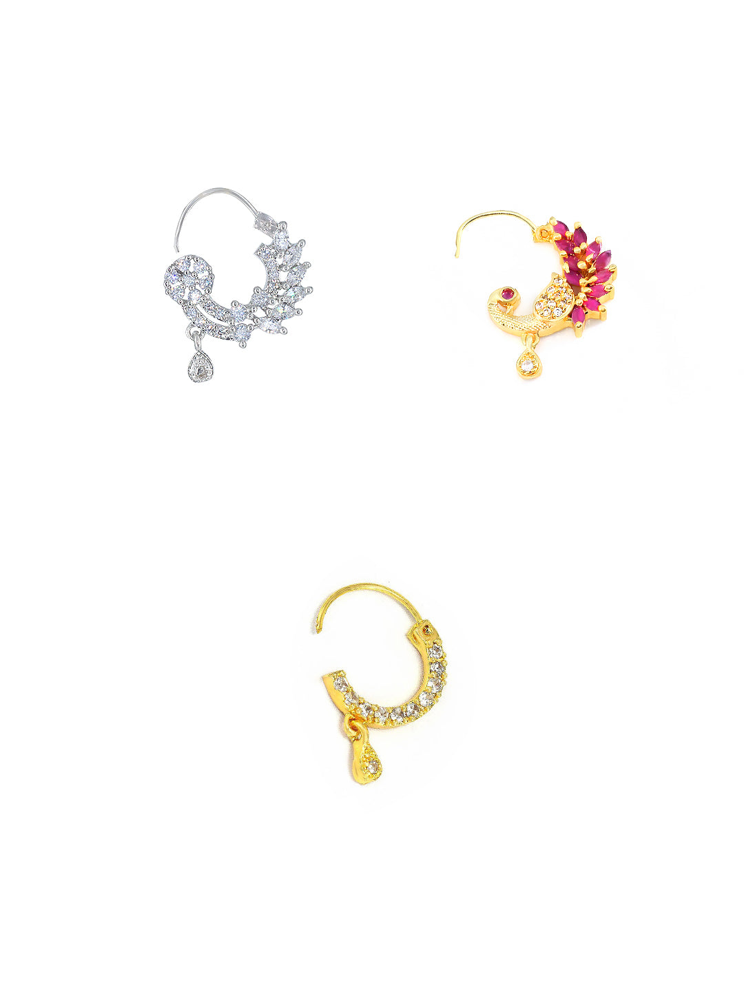 Set of Three Rhodium & Gold Plated American Diamond Nosepin