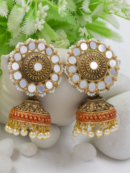 Floral Mirror & Beads Red Meenakari Jhumka Earrings