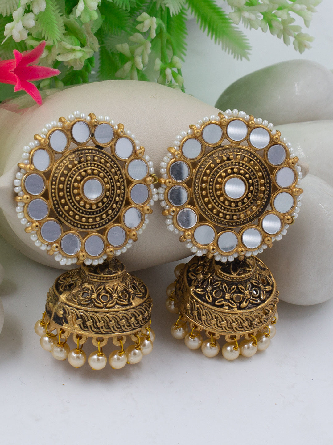 Floral Stone & Mirror Jhumka Earrings