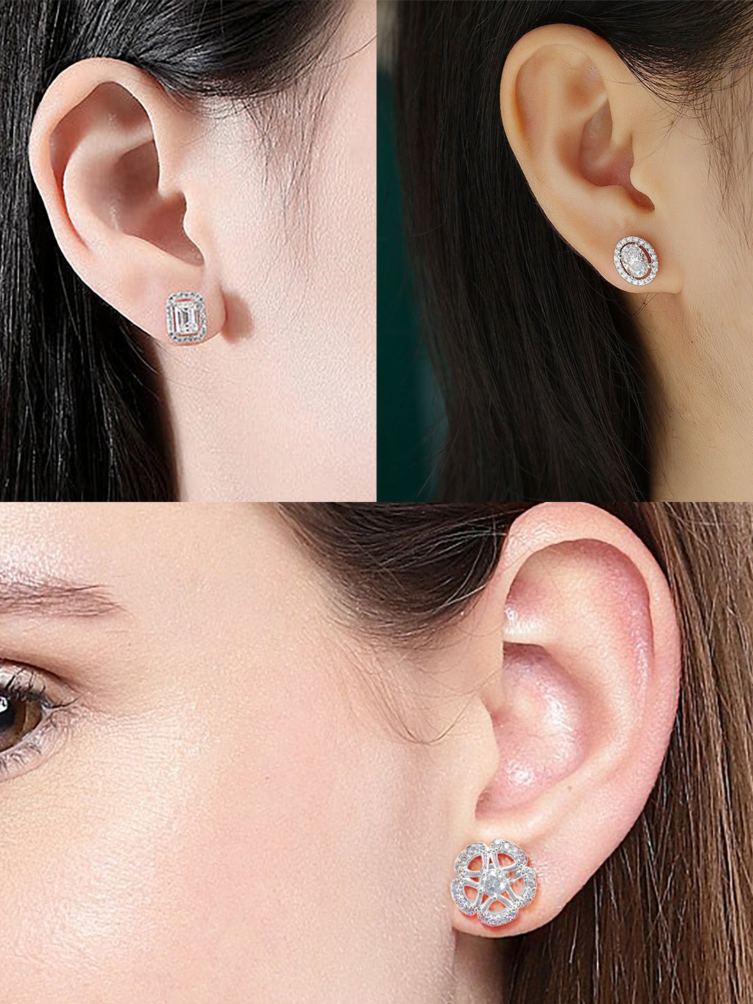 Pack Of 3 Rhodium Plated Geometric American Diamond Earrings