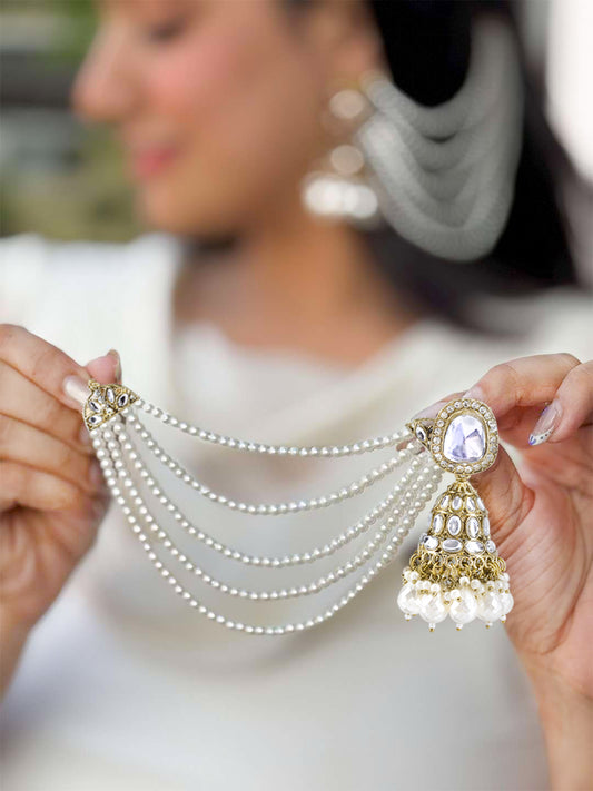 Kundan-Studded & Beaded Jhumka Earrings With Chain