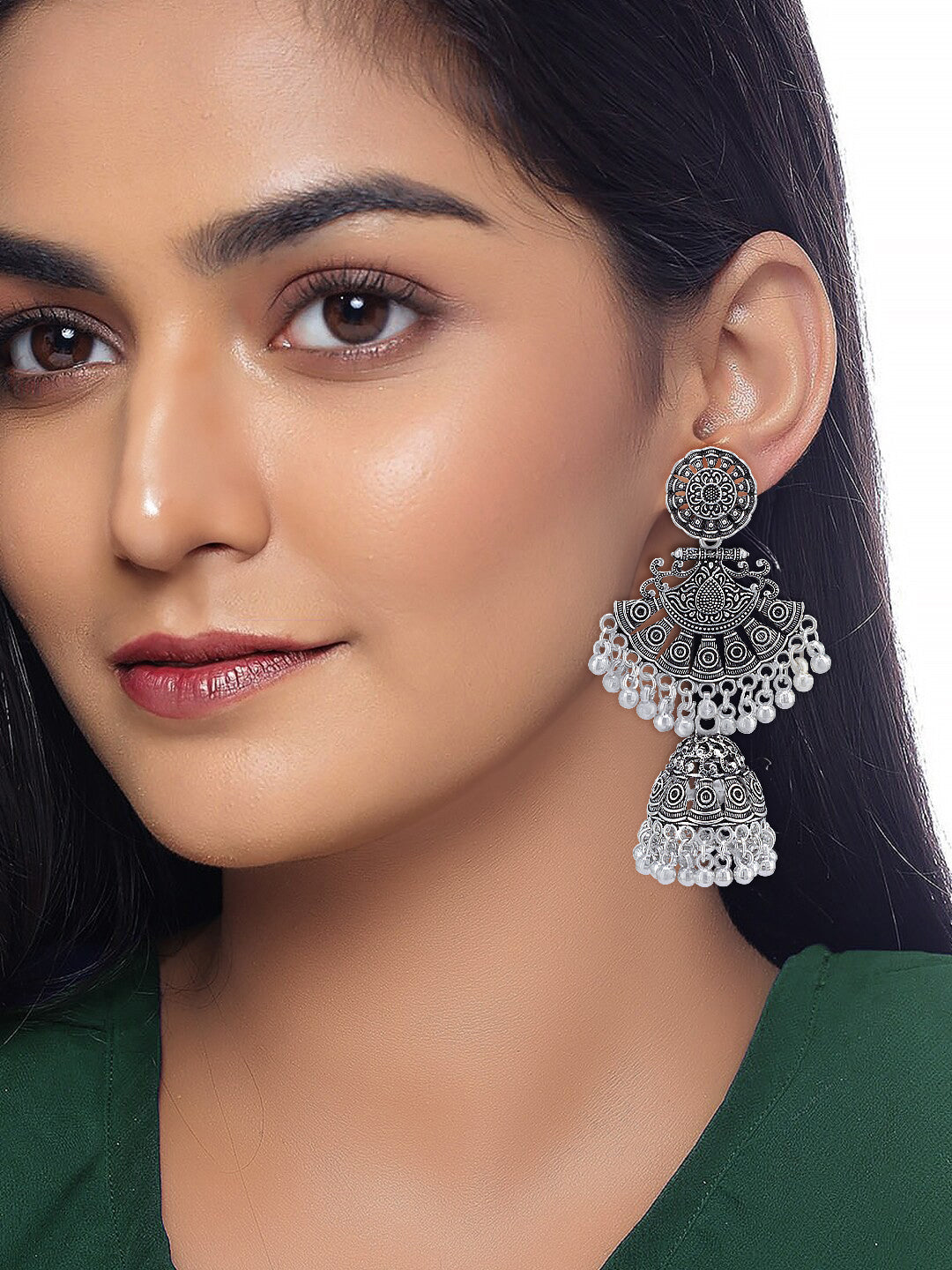 Silver Oxidised Artificial Beads Jhumka Earrings