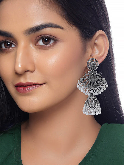 Silver Oxidised Artificial Beads Jhumka Earrings