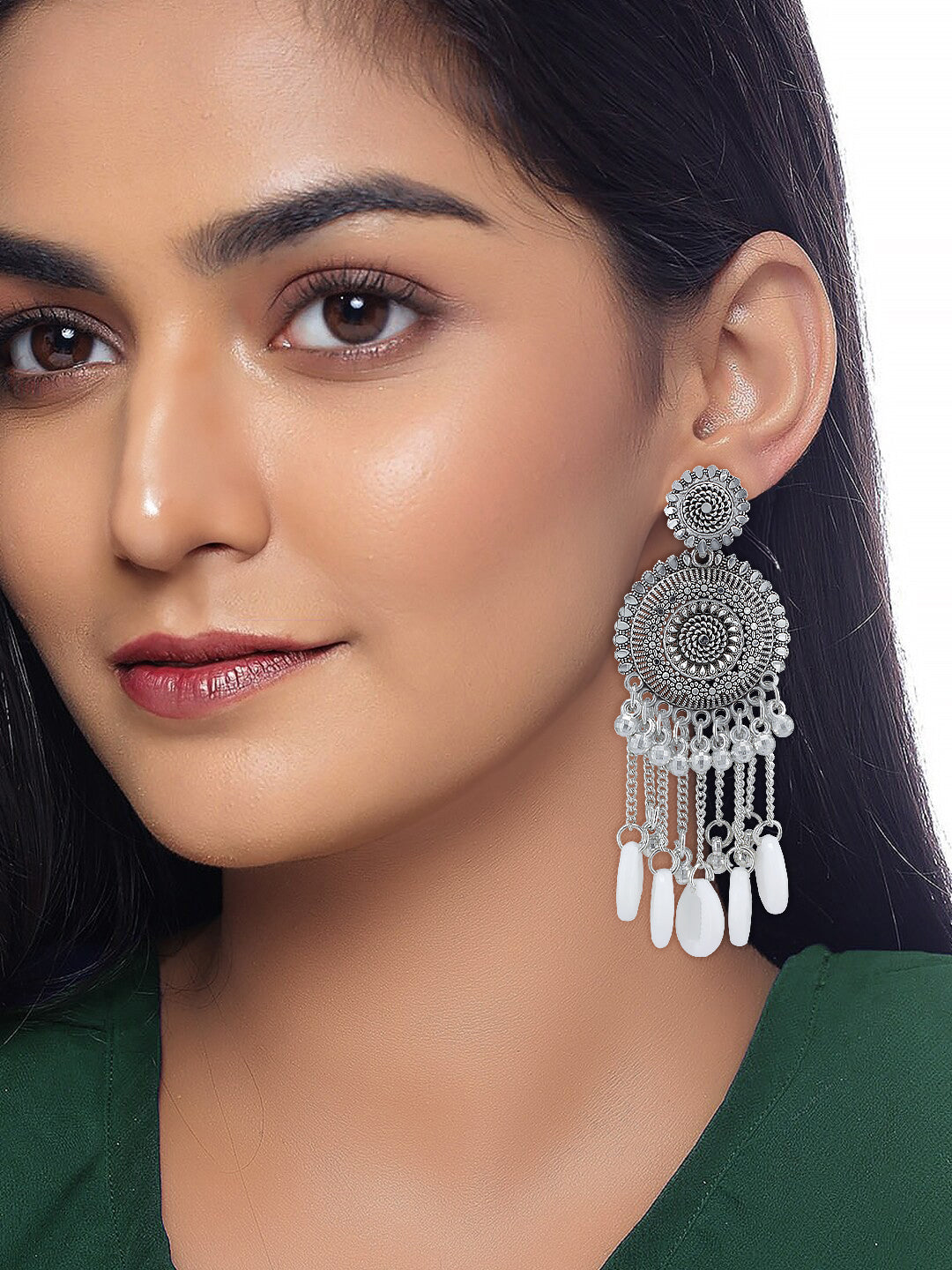Silver Oxidised Floral & Artificial Shels Beads Jhumka Earrings