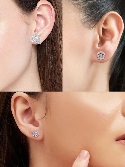 Pack Of 3 Rhodium Plated Geometric American Diamond Earrings