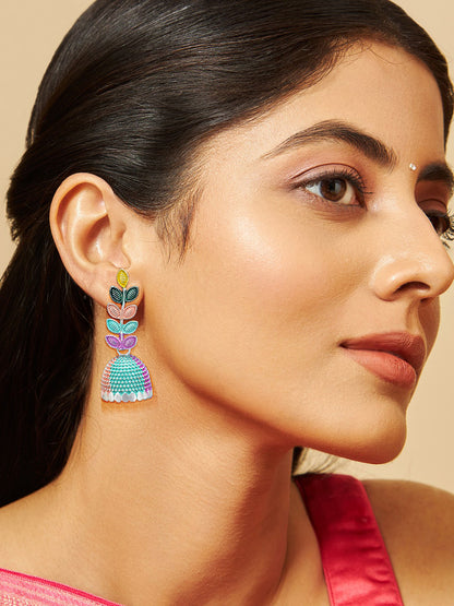 Silver-Plated Leaf Multi Color Jhumki Earrings