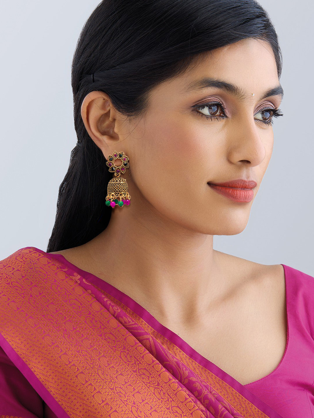 Antique Gold-Plated Floral Artificial Stone & Beaded Jhumki Earrings