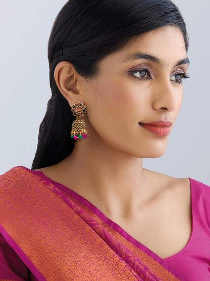 Antique Gold-Plated Floral Artificial Stone & Beaded Jhumki Earrings