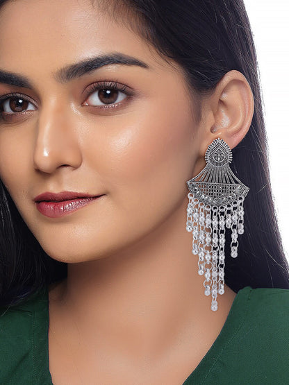 Pack Of 3 Silver-Oxidised Contemporary Artificial Stones Studded Jhumkas