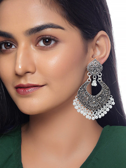 Pack Of 3 Silver-Oxidised Contemporary Artificial Stones Studded Jhumkas
