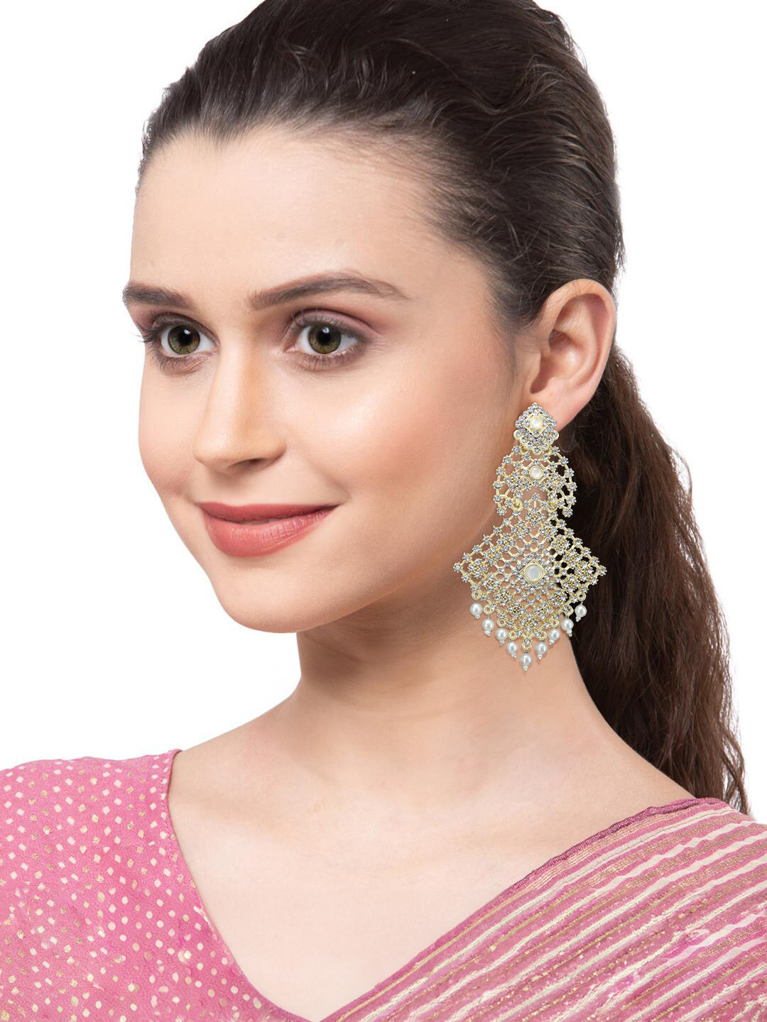 Gold Plated CZ & Beads Studded Earring With Maang Tikka