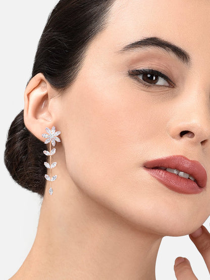 Rose Gold Plated CZ Studded Floral Drop Earrings