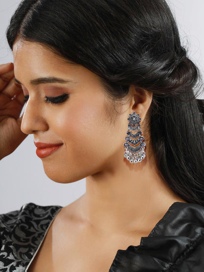 Silver Oxidized Floral Drop Earrings