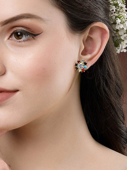 Navratan Floral American Diamond Earrings