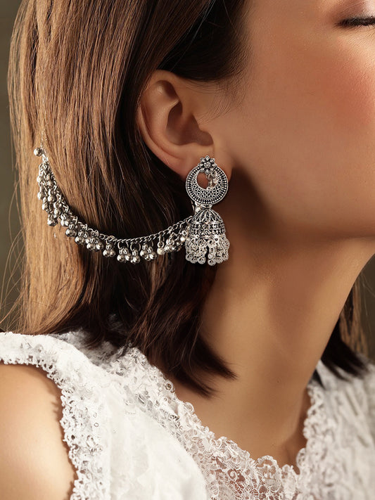 Floral Chandbali Jhumka Earrings With Chain