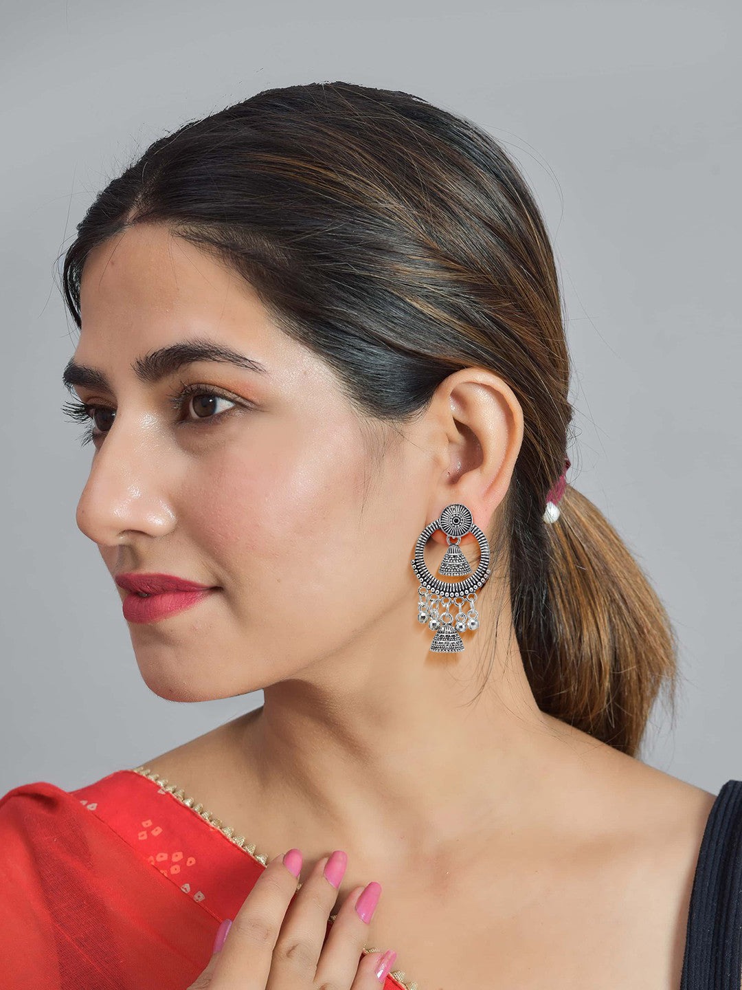 Silver Oxidized Circular Chandbaali Jhumki Drop Earrings