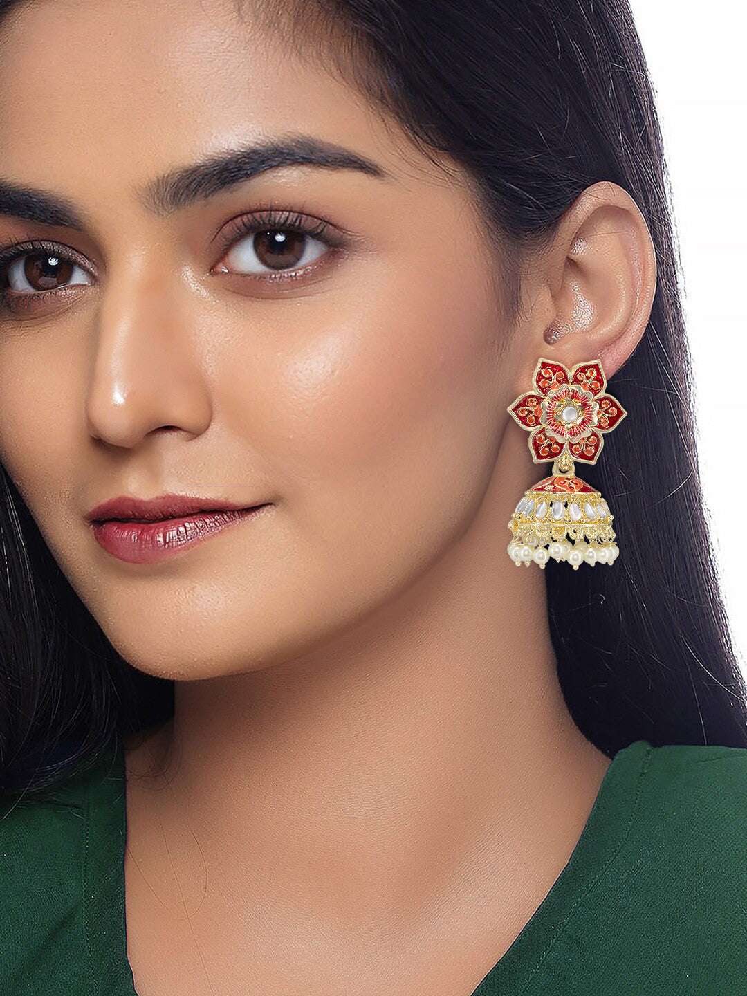 Red Floral Beads Drop Jhumka Earrings