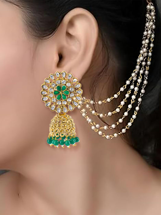 Green Floral Jhumka Earrings With Chain