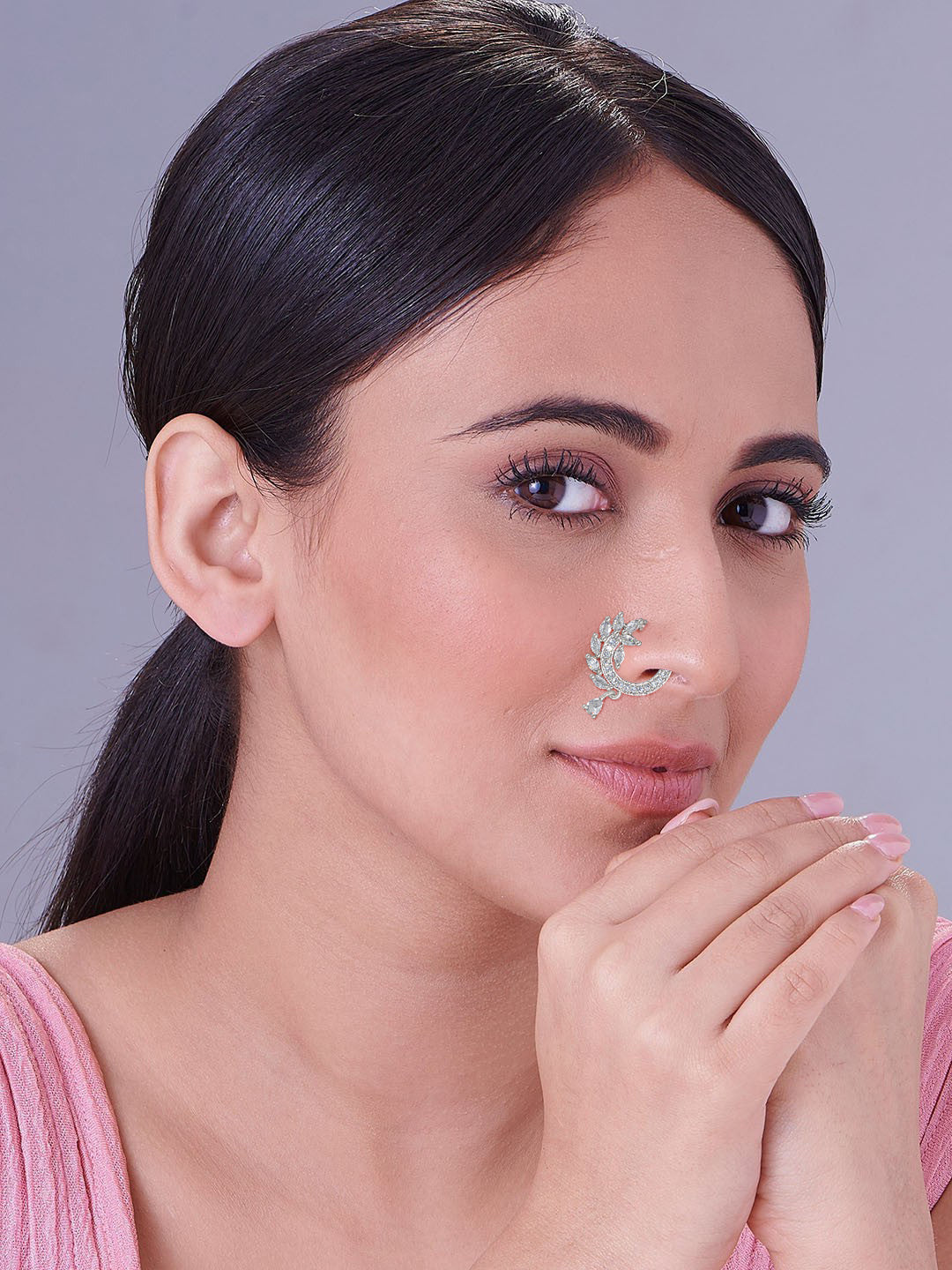 Rhodium Plated American Dimaond Floral Drop Nose Ring