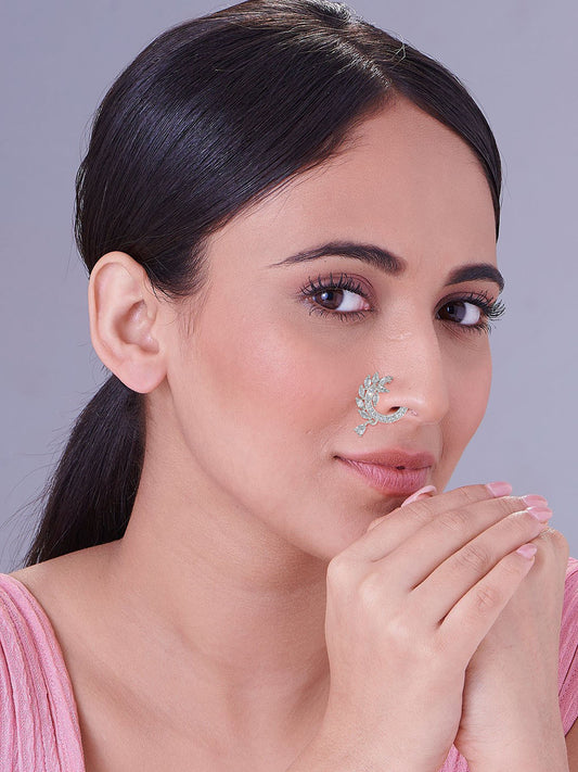 Rhodium Plated American Dimaond Floral Drop Nose Ring