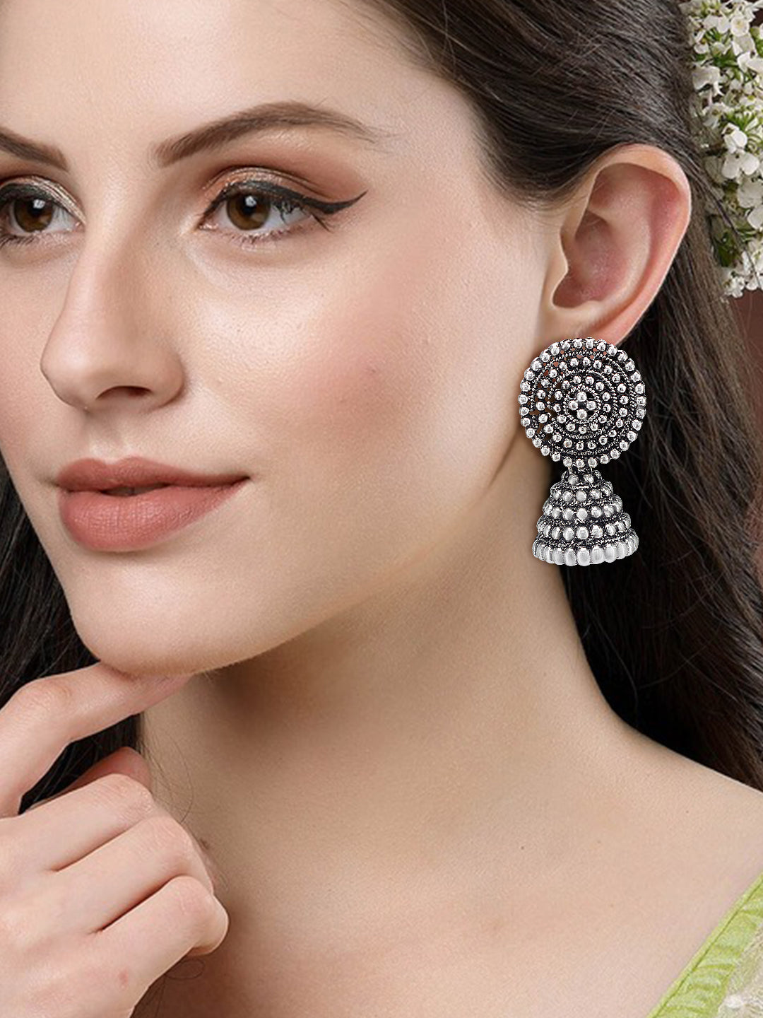 Silver Oxidised Circular Jhumki Earrings For Women
