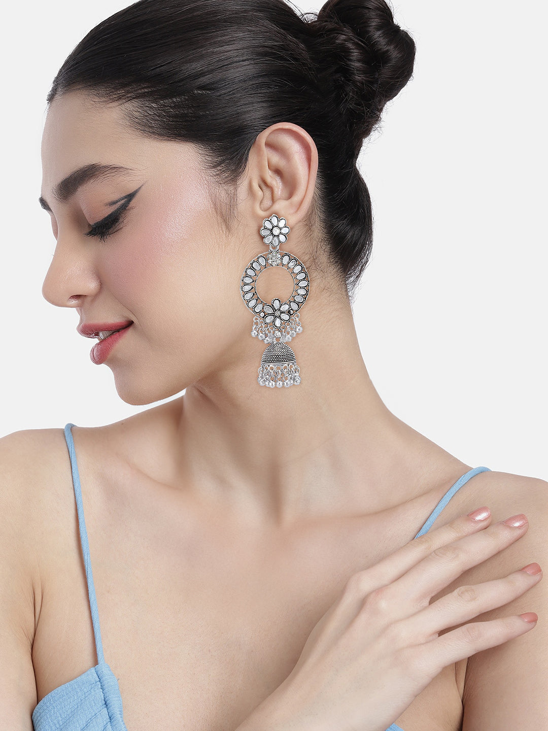 Pack of 2 Silver Oxidised Chandbali Jhumka Earrings