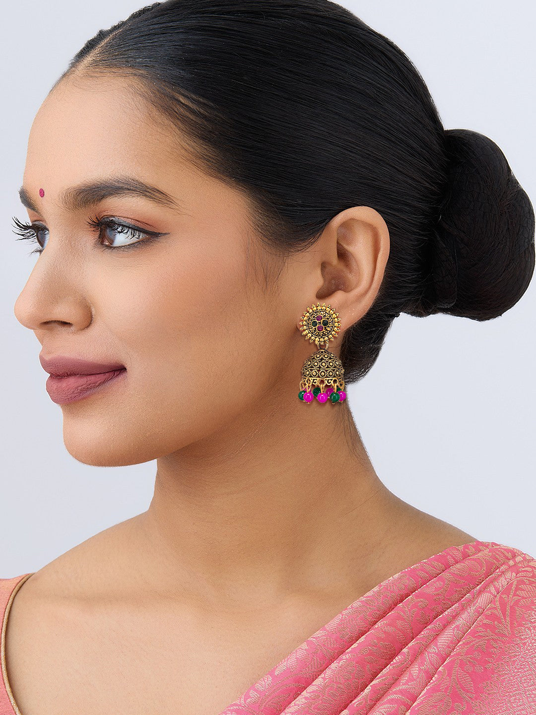 Antique Gold-Plated Floral Artificial Stone & Beaded Jhumki Earrings