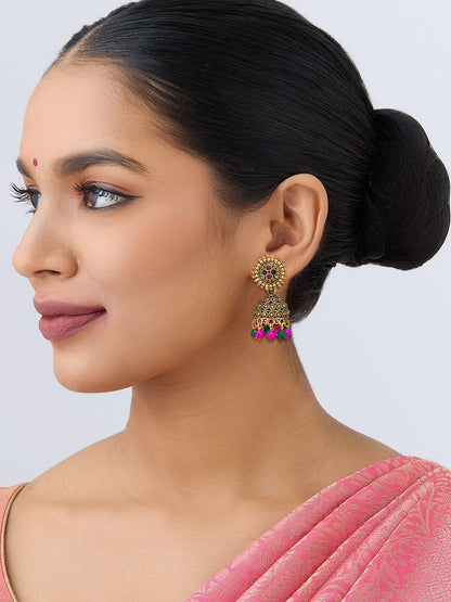 Antique Gold-Plated Floral Artificial Stone & Beaded Jhumki Earrings