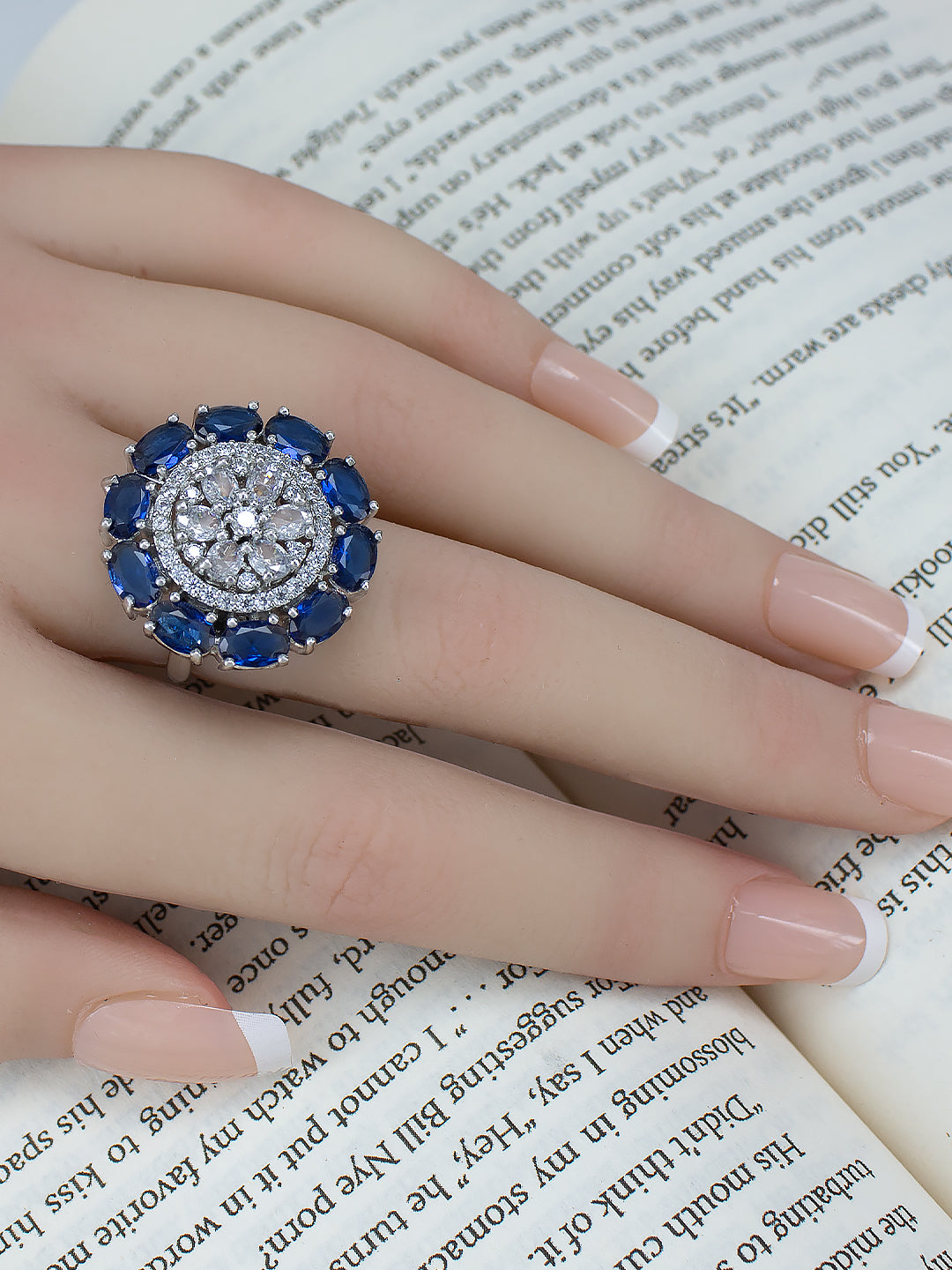 Rhodium-Plated Blue American Diamond Floral Adjustable Cocktail Finger Ring