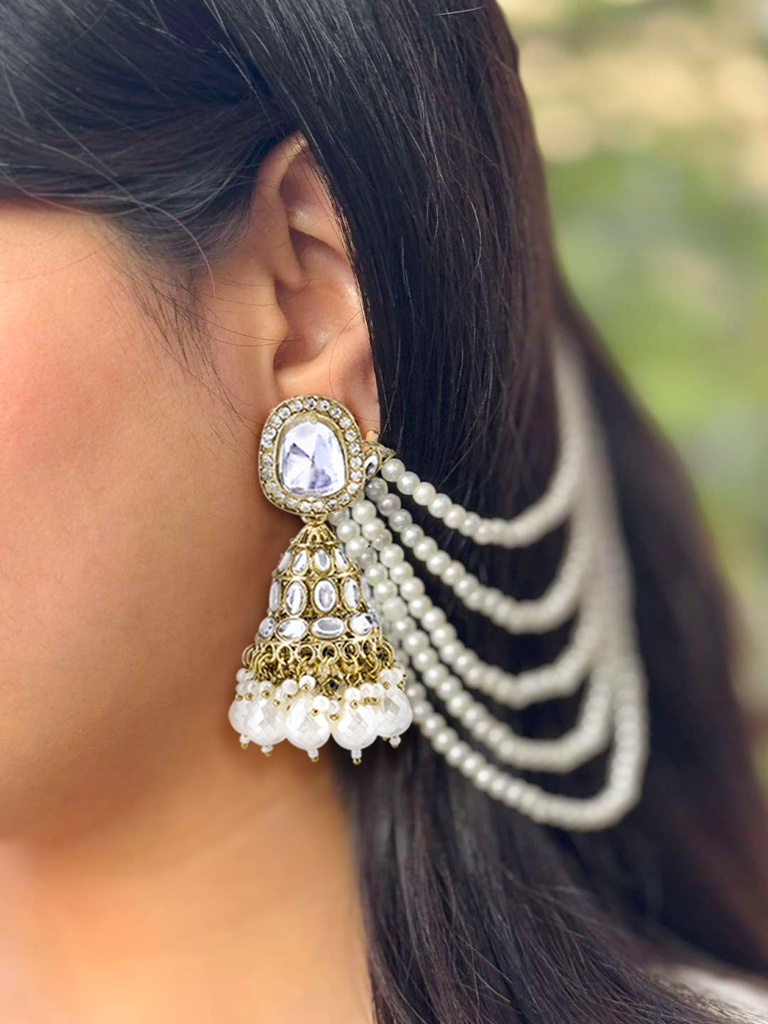 Kundan-Studded & Beaded Jhumka Earrings With Chain