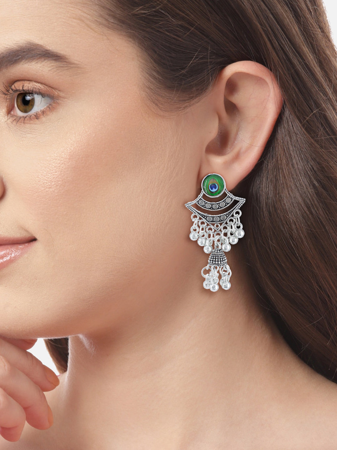Oxidized Peacock Feather Jhumki Earrings