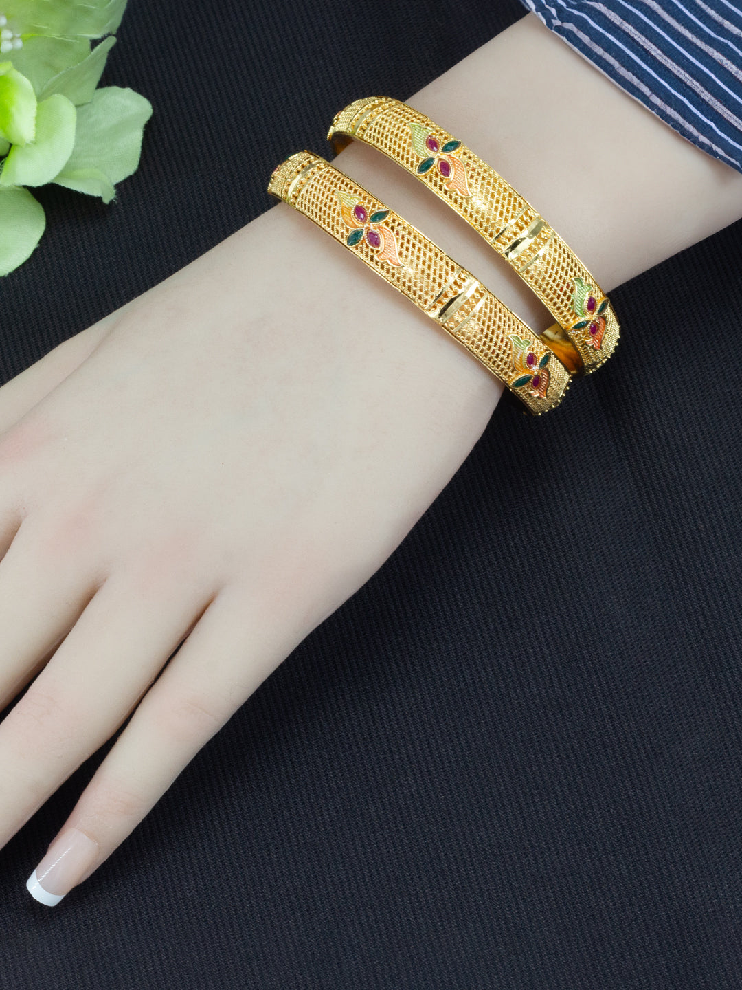 Gold Plated Brass Floral Meenakari Bangle Pair