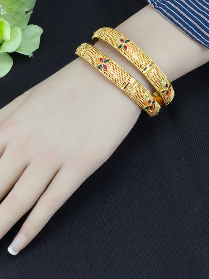 Gold Plated Brass Floral Meenakari Bangle Pair