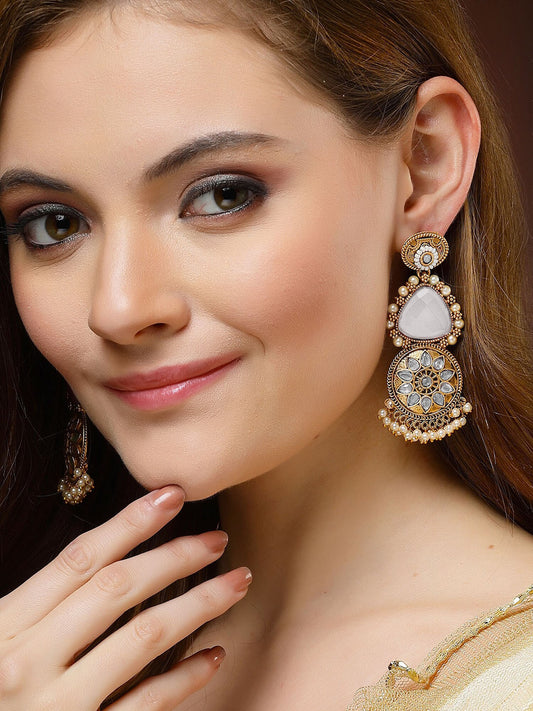 Gold Plated Floral White Kundan & Beaded Drop Earrings