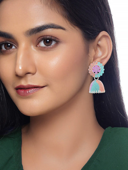 Silver-Plated Floral Pink & Green Jhumki Earrings