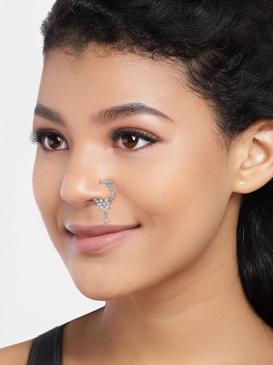 Rhodium Plated American Dimaond Floral Drop Nose Ring