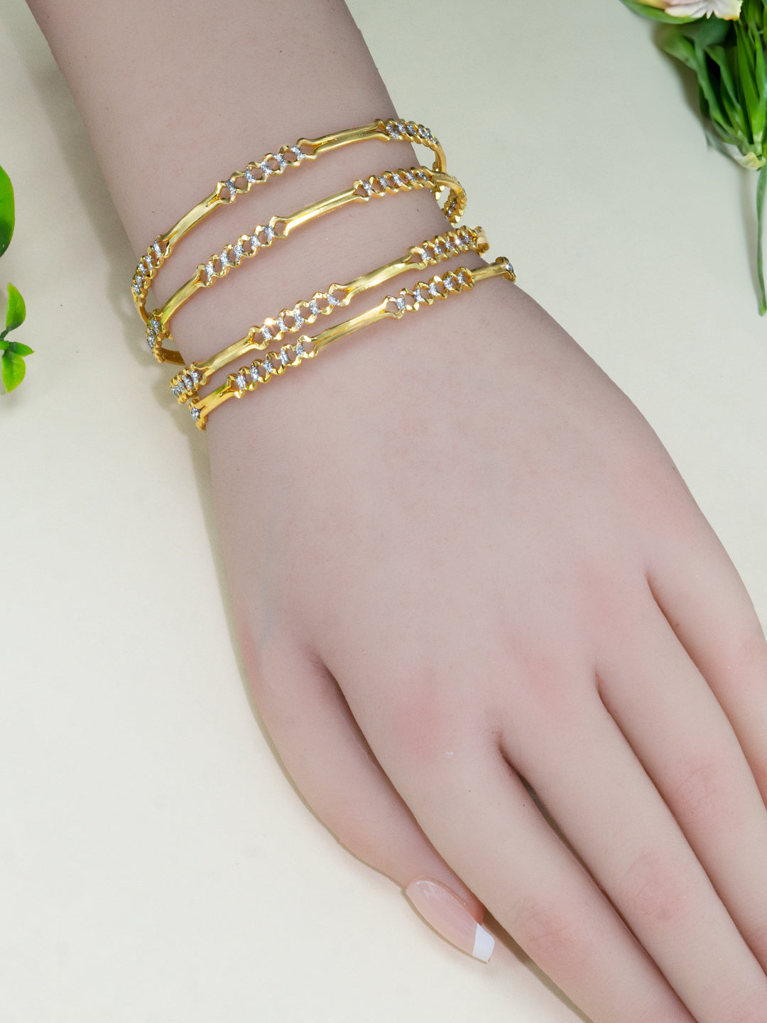 Set Of 4 Brass Stone Studded Anti-Tarnish Bangles