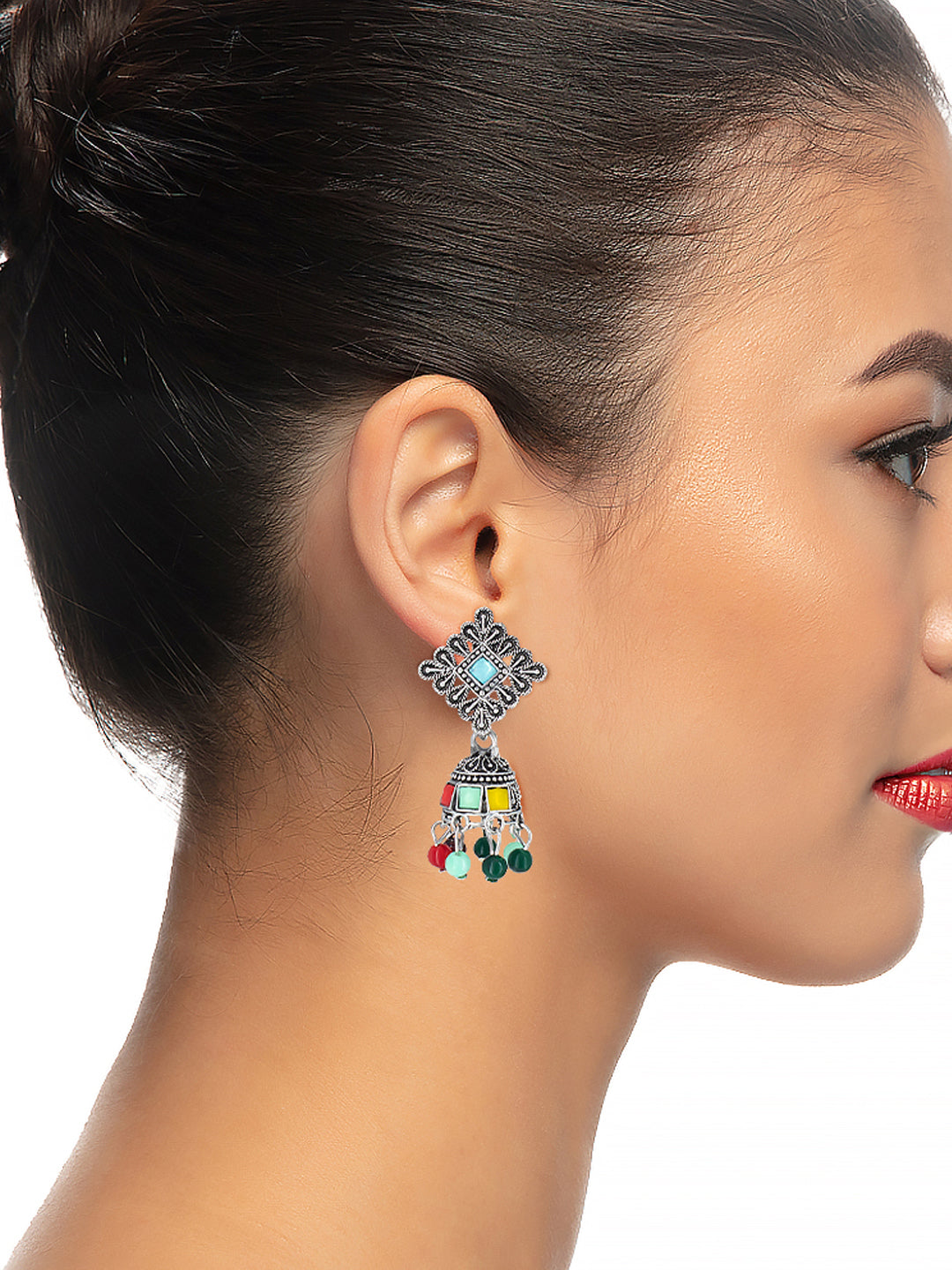 Oxidized Square Multicolor Beads Drop Jhumka Earrings