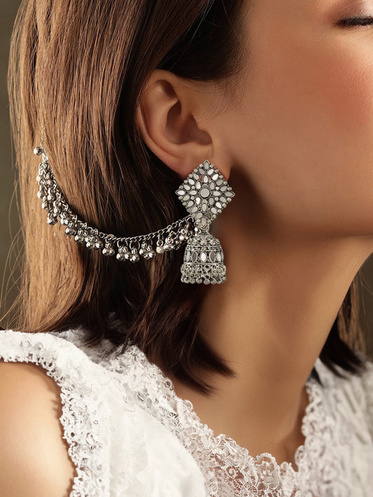 Mirror-Studded Jhumka Earrings With Chain