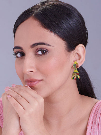 Gold Plated Multi Color Artificial Beaded Jhumki Earrings
