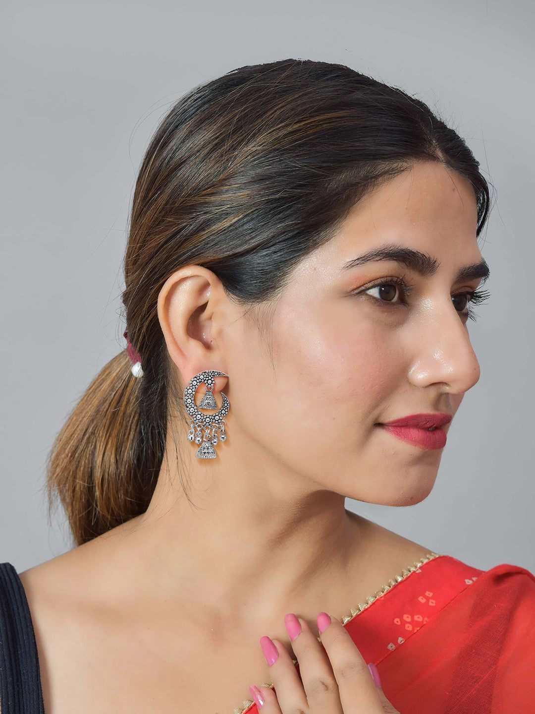 Silver Oxidized Floral Boho Style Jhumki Earrings