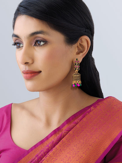 Antique Gold-Plated Leaf Artificial Stone & Beaded Jhumki Earrings