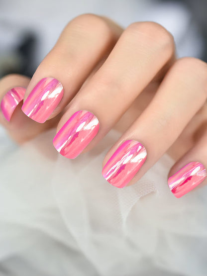Set of 24 Pink and White Metallic Duochrome stick on nails
