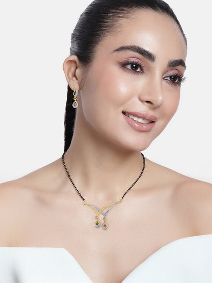 Gold Plated American Diamond & Black Beaded Trendy Mangalsutra With Earrings