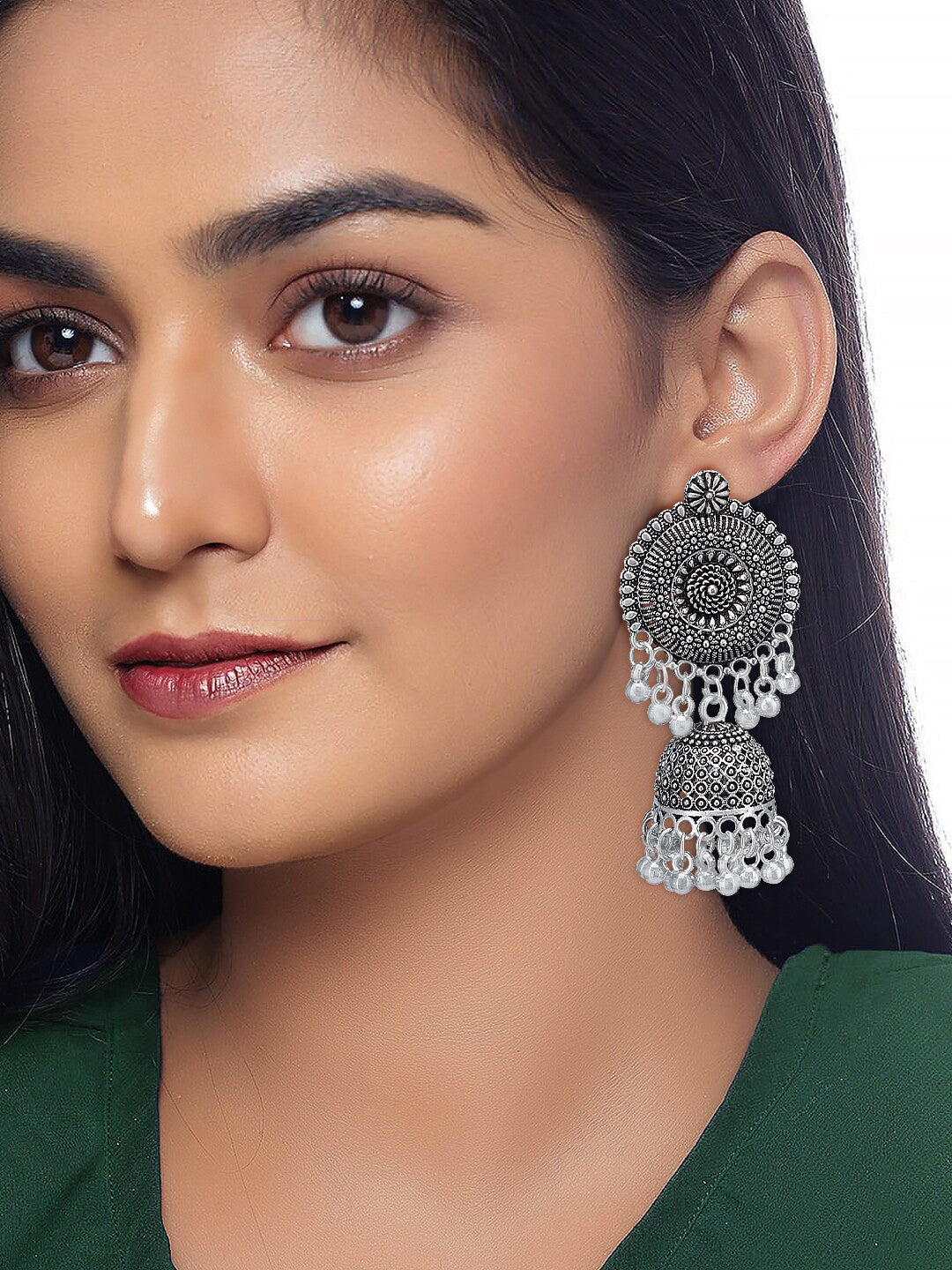 Silver-Oxidised Pack Of 3 Dome Shaped Oxidised Jhumkas