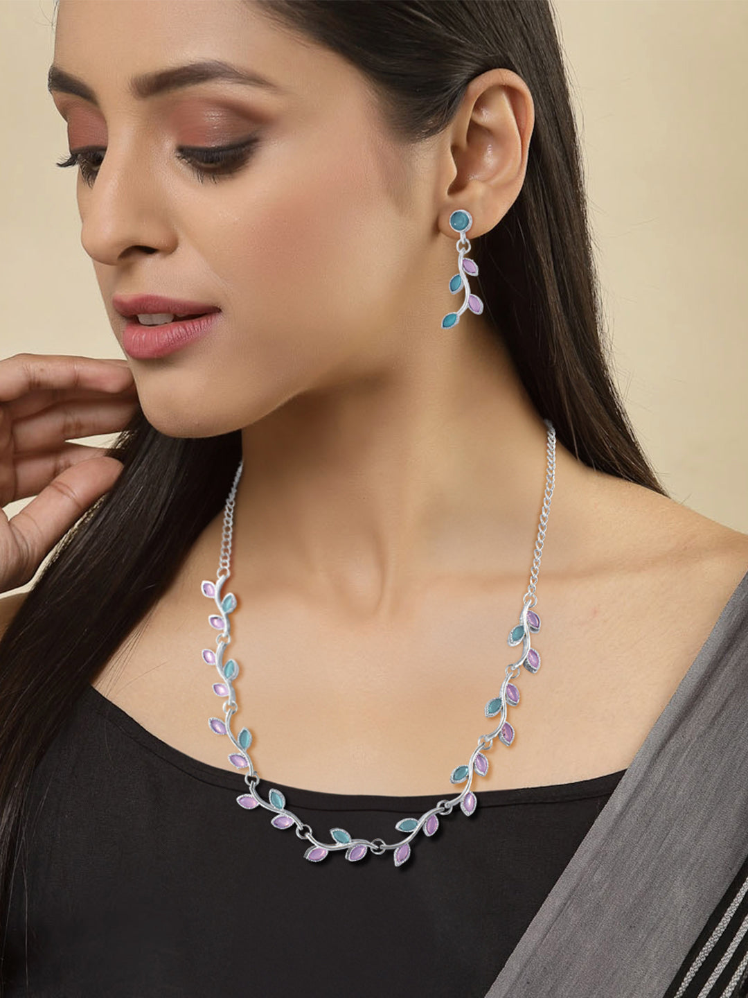 Green & Pink Leaf Jewellery Set